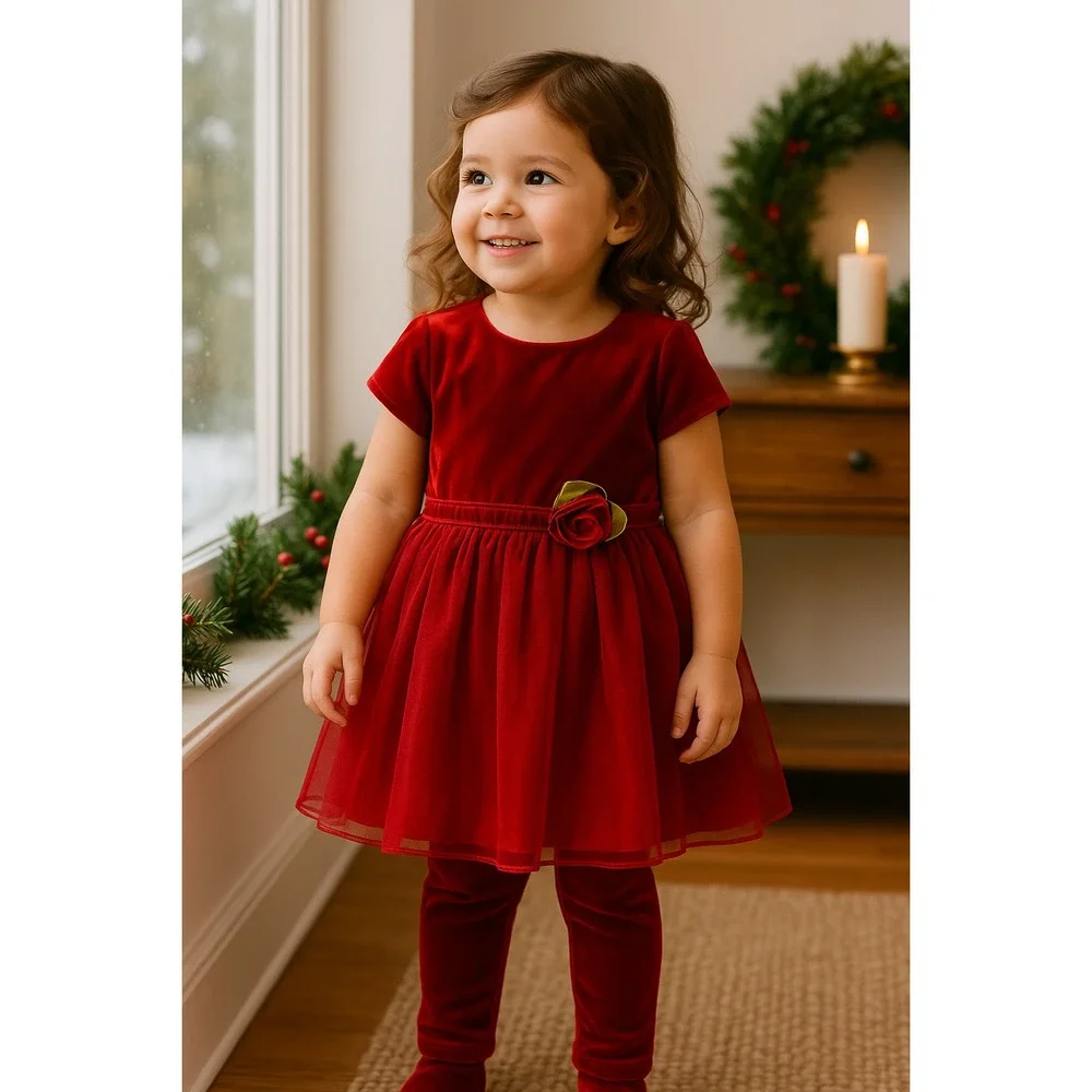 NWT Pippa & Julie 3T Red Velvet Tulle Holiday Dress & Leggings Set Girls